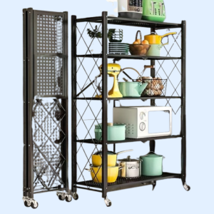 Foldable 5 tier carbon steel kitchen rack with wheels for kitchen storage